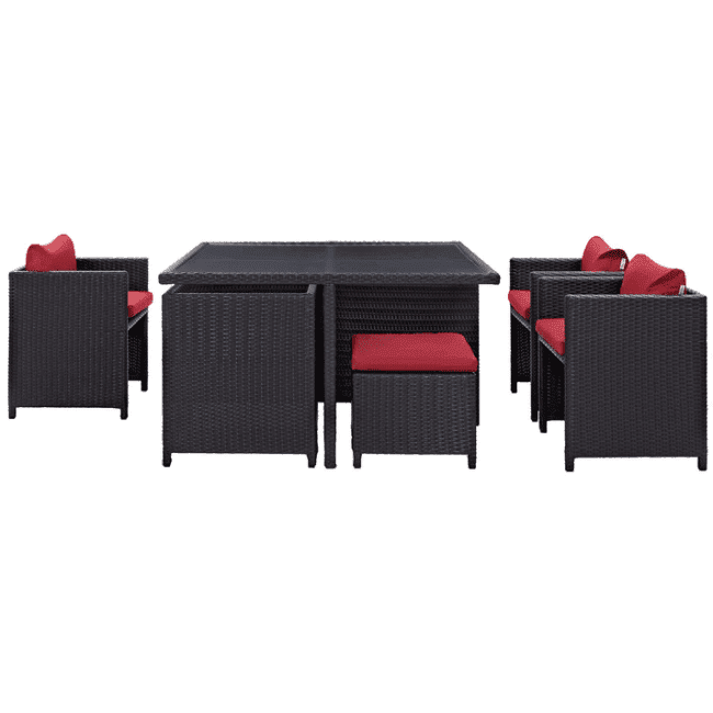 7 Piece Outdoor Wicker Dining Set With Ottoman And Table(Dark Brown & Red)Table Without Glass Top - Image 4
