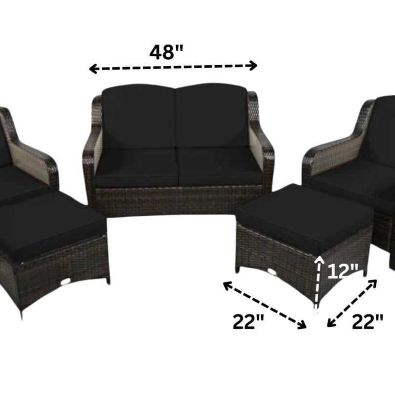 Wicker Outdoor 6 Seater Patio Furniture Set with Ottoman(Dark Brown & Black) - Image 2