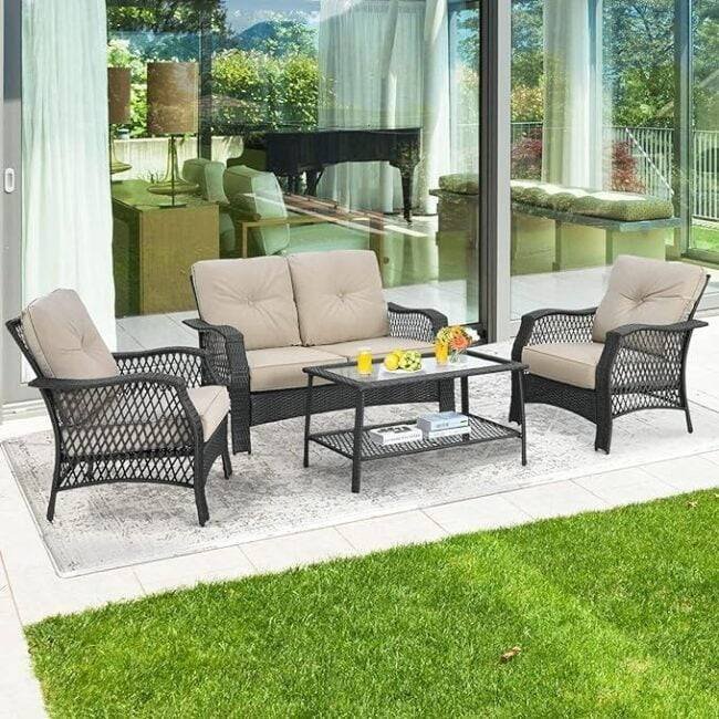 4 Piece Outdoor Patio Wicker Rattan Sofa Conversation Set & Glass Top Coffee Table (Black & Cream)