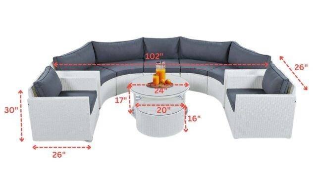 7 Seater Half-Moon Outdoor Wicker Sectional Furniture Conversation Set (White & Dark Grey) - Image 2