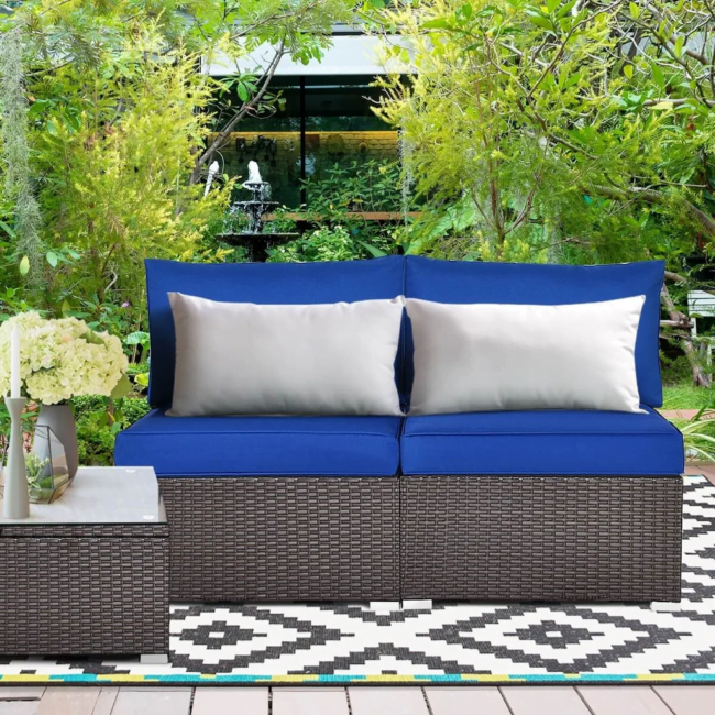 2 PCS Patio Rattan Armless Sofa Sectional Furniture (Black & Blue)