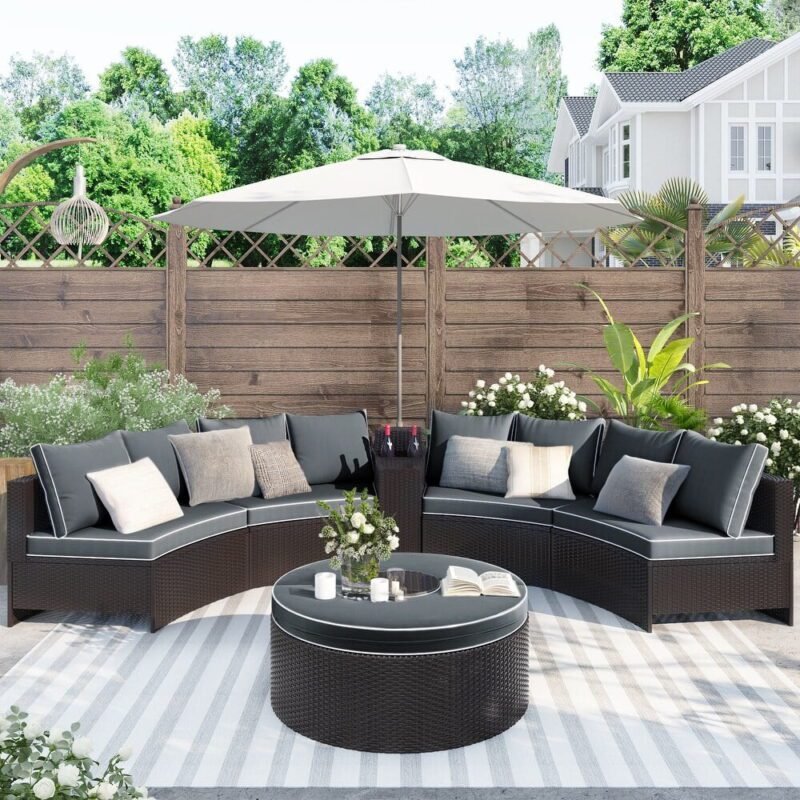 Dark Brown 6-Piece Wicker Rattan Half-Moon Outdoor Sectional Sofa Set with Round Center Table - Image 8