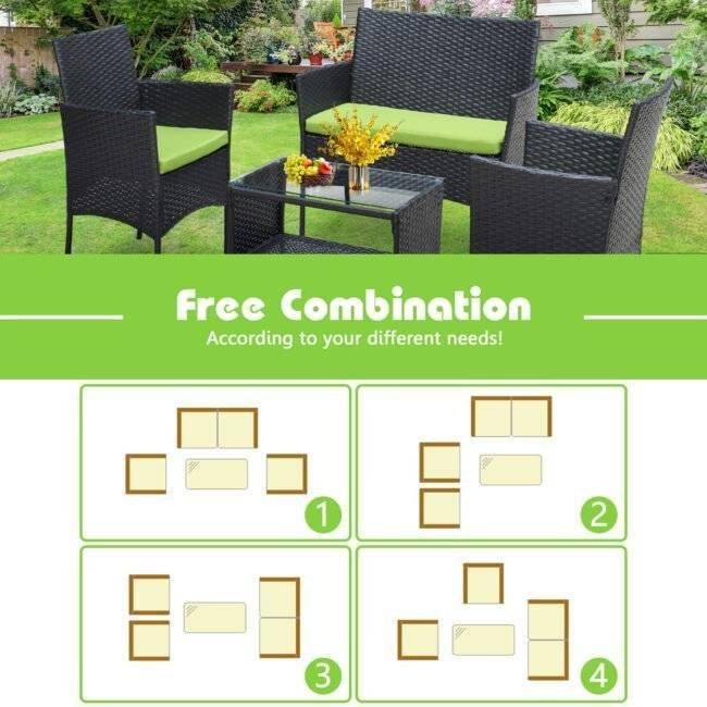Outdoor 4 Piece All-Weather HDPE Wicker Patio Set with 2-Tier Glass Top Coffee Table (Black & Green) - Image 7