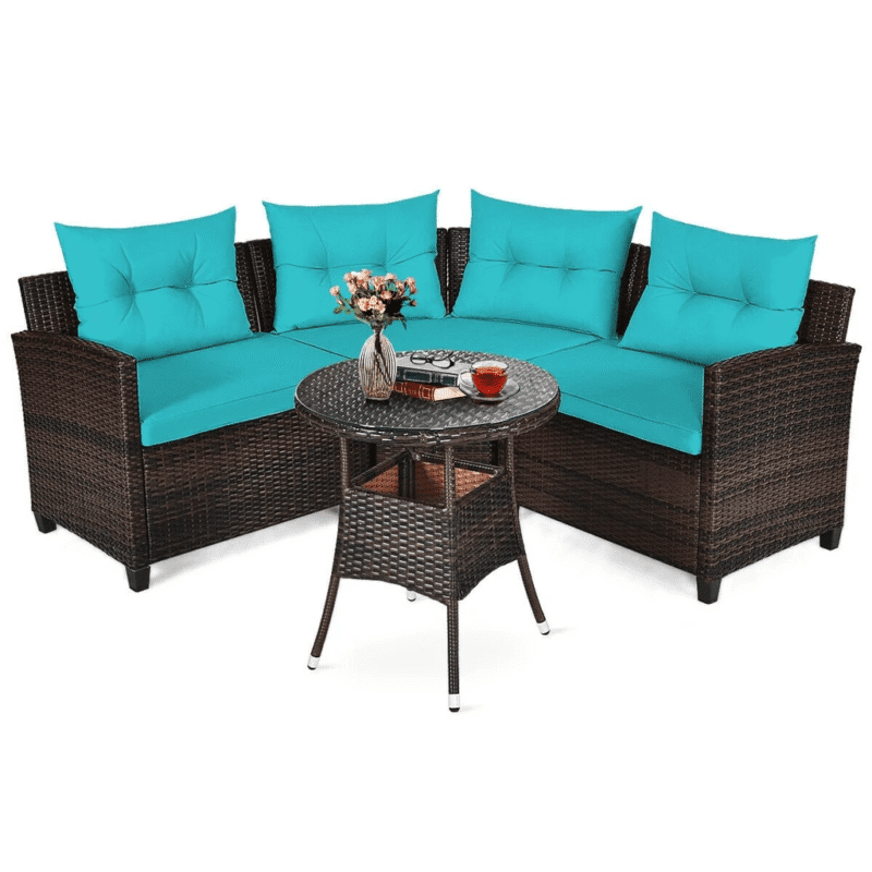4 Seater Wicker Outdoor Patio Set with Chair Round Glass Top Table(Dark Brown & Sky Blue) - Image 3