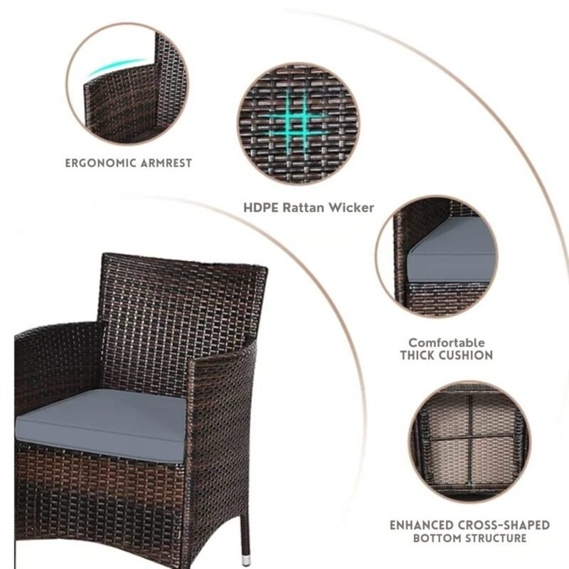 3 Pieces Patio Outdoor Wicker Bistro Set (Dark Brown & Grey) - Image 5
