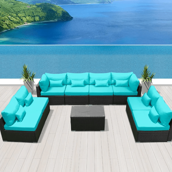 8 Seater Rattan Wicker Outdoor Conversation Sectional Sofa Set (Black &Sky Blue)