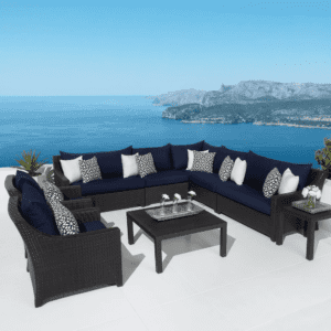 Outdoor Wicker 9 Seater Sectional Sofa Set with Side and Center Table (Dark Brown & Navy Blue)