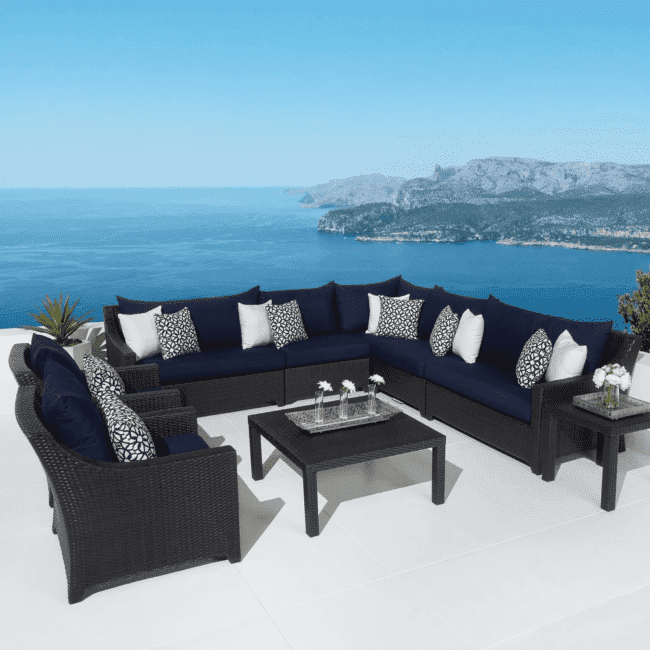 Outdoor Wicker 9 Seater Sectional Sofa Set with Side and Center Table (Dark Brown & Navy Blue)
