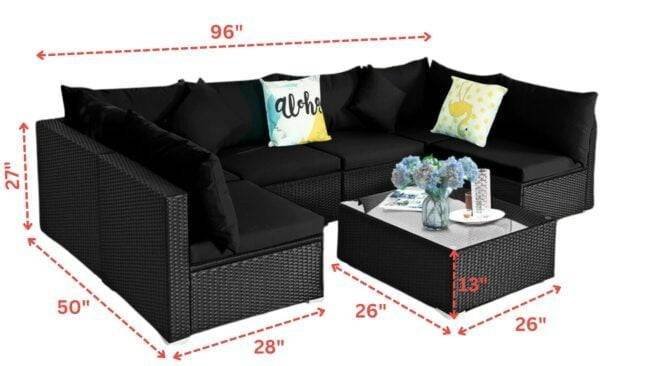 6 Seater Black Wicker Rattan All Weather Furniture with Glass Top Table - Image 2