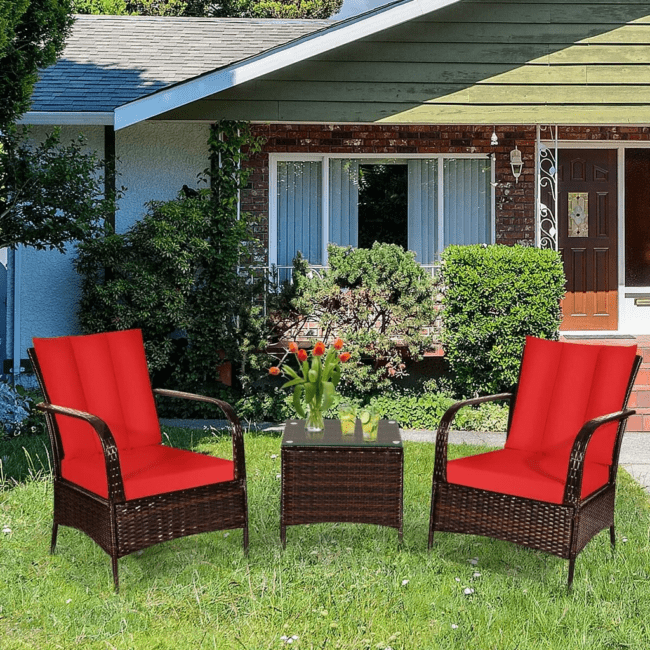 3-Piece Rattan Wicker Sofa Set with Washable and Removable Cushion(Dark Brown & Red) - Image 6