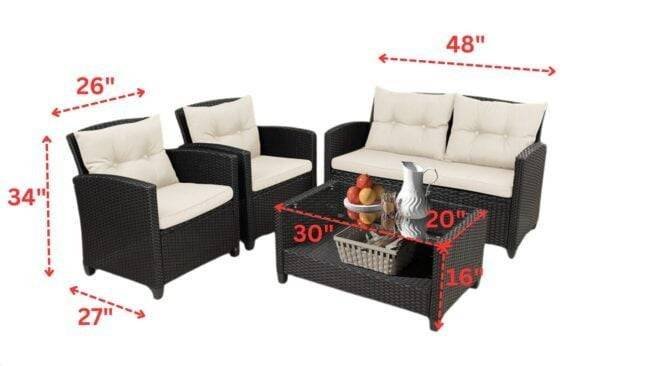 4-Piece Outdoor Wicker Sofa Set HDPE Rattan Sofa & Glass Top Center Table(Black & Cream) - Image 2