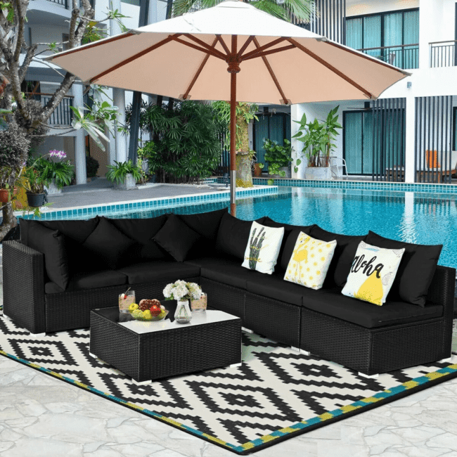 6 Seater Black Wicker Rattan All Weather Furniture with Glass Top Table - Image 8