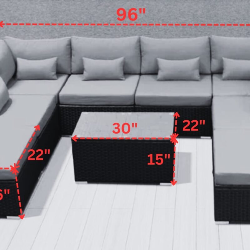 Outdoor 8 Seater Black Rattan Sectional Sofa Set with Red Cushions - Image 2