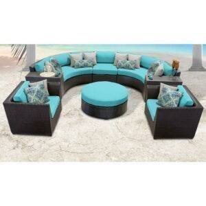 7 Seater Outdoor Indoor Garden Sectional Wicker Half Round Sofa (Dark Brown & Sky Blue)