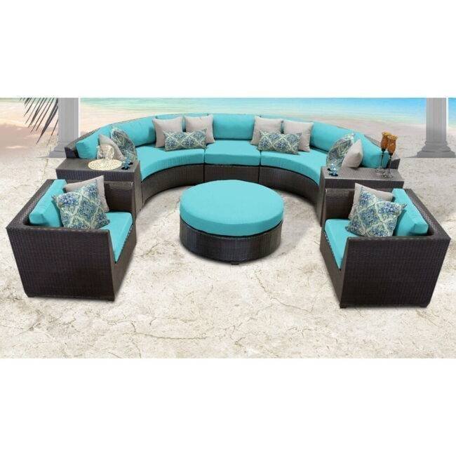 7 Seater Outdoor Indoor Garden Sectional Wicker Half Round Sofa (Dark Brown & Sky Blue)
