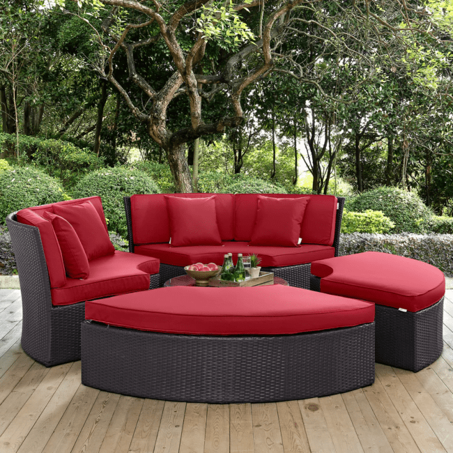 Wicker Outdoor Patio Round Daybed With Coffee Table(Dark Brown & Red)