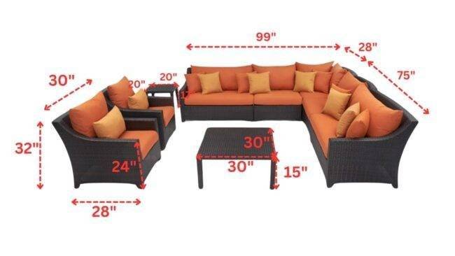 L-Shape Wicker Rattan Waterproof Outdoor Sectional Sofa with Side and Center Table (Dark Brown & Orange) - Image 2