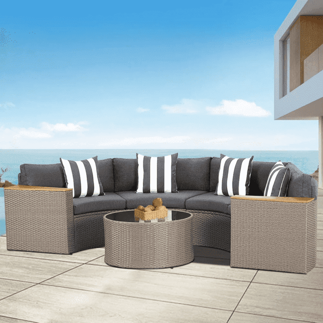 5-Piece Patio Outdoor Half-Moon Wicker Sectional Sofa Set with Wood Top Arm and Round Shape Center Table(Brown & Black)