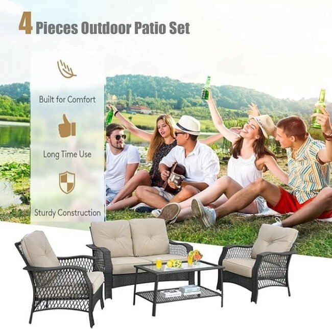 4 Piece Outdoor Patio Wicker Rattan Sofa Conversation Set & Glass Top Coffee Table (Black & Cream) - Image 4