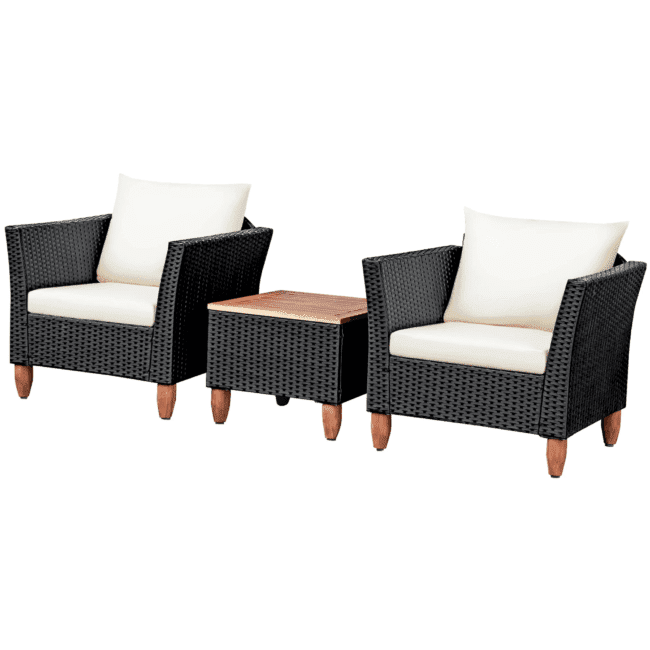 3 Piece Outdoor Sofa Rattan Wicker Patio Furniture Set (Black & White) - Image 4