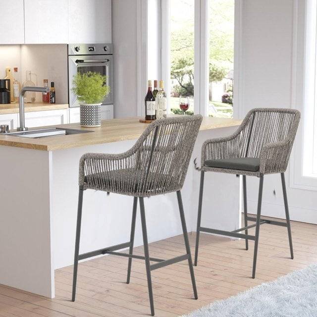 Outdoor Rope 2 Piece Patio Bar Stools With Cushions(Grey)