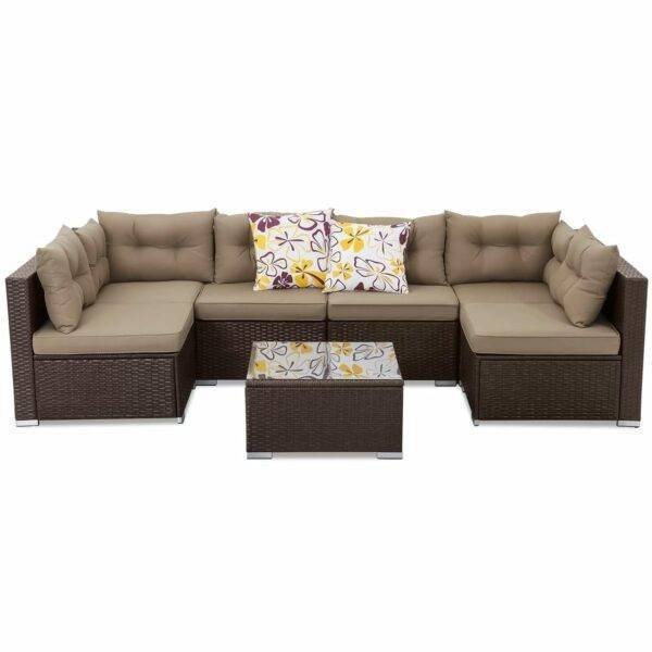 6 Seater Patio Outdoor Indoor All-Weather Sectional Sofa Set for Garden(Dark Brown & Beige)