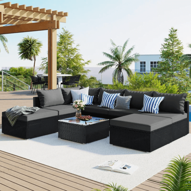 Rattan L-Shape Outdoor Wicker Sofa Couch with Ottoman & Square Glass Top Coffee Table (Black & Grey) - Image 6