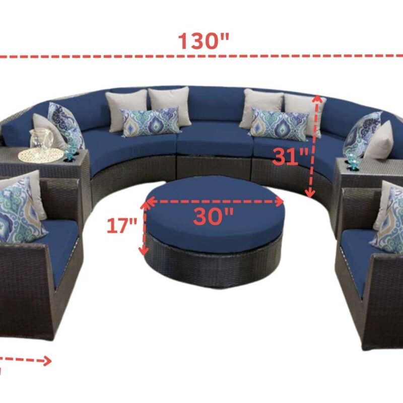 Wicker Half Moon Round Sofa Conversation Set with Ottoman (Dark Brown & Navy Blue) - Image 2