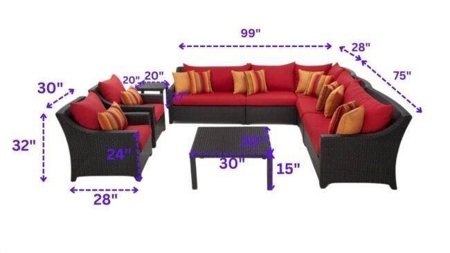 Outdoor Wicker 9 Seater Sectional Sofa Conversation Set with Side and Center Table (Dark Brown & Red) - Image 2