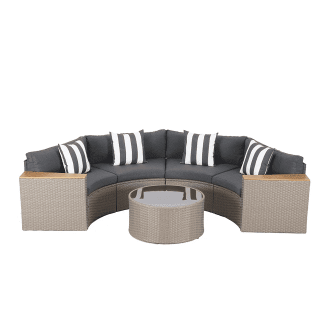 5-Piece Patio Outdoor Half-Moon Wicker Sectional Sofa Set with Wood Top Arm and Round Shape Center Table(Brown & Black) - Image 3