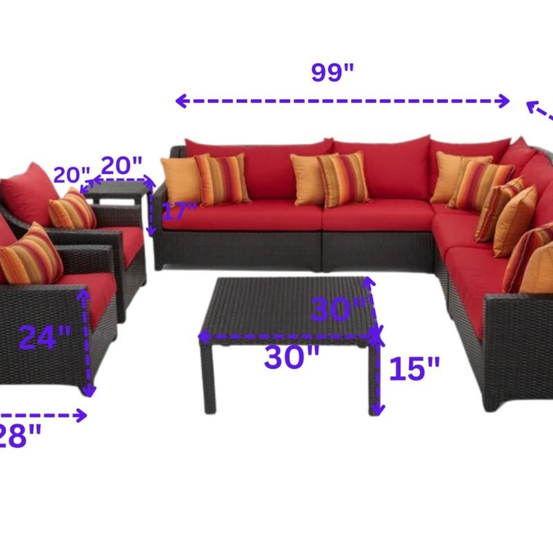 Outdoor Wicker 9 Seater Sectional Sofa Conversation Set with Side and Center Table (Dark Brown & Red) - Image 2