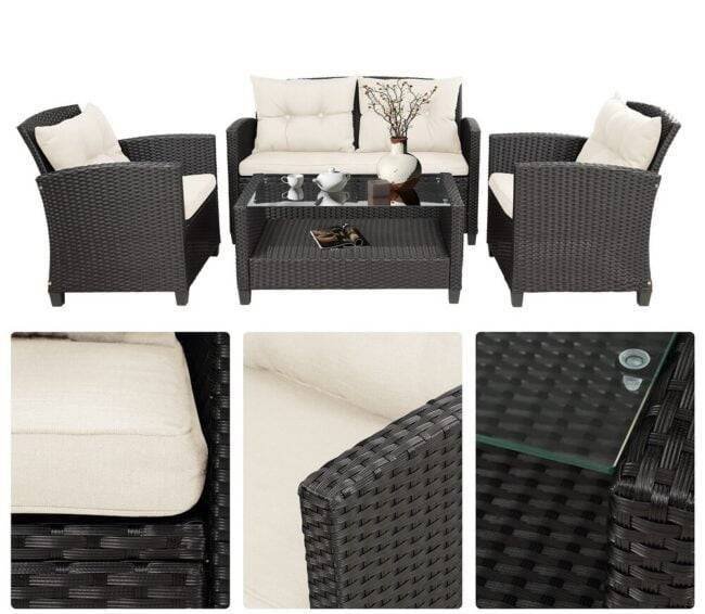 4-Piece Outdoor Wicker Sofa Set HDPE Rattan Sofa & Glass Top Center Table(Black & Cream) - Image 5