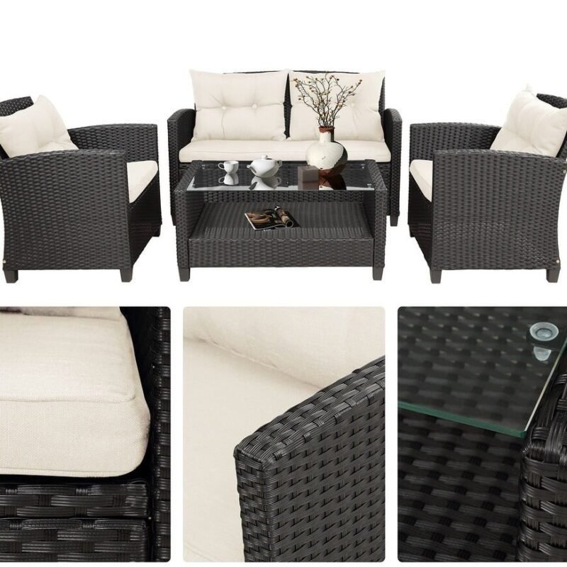4-Piece Outdoor Wicker Sofa Set HDPE Rattan Sofa & Glass Top Center Table(Black & Cream) - Image 5