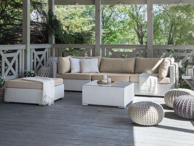 3 Piece Patio Wicker Sofa Set with Coffee Table & Ottoman(White & Cream) - Image 7
