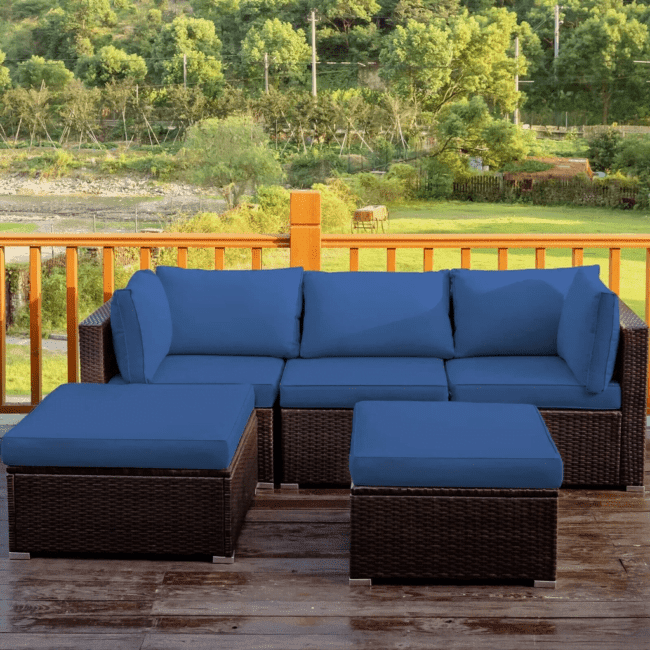 3 Piece HDPE Wicker Rattan Garden Outdoor Sofa Furniture Set with Ottoman (Dark Brown & Blue) - Image 6