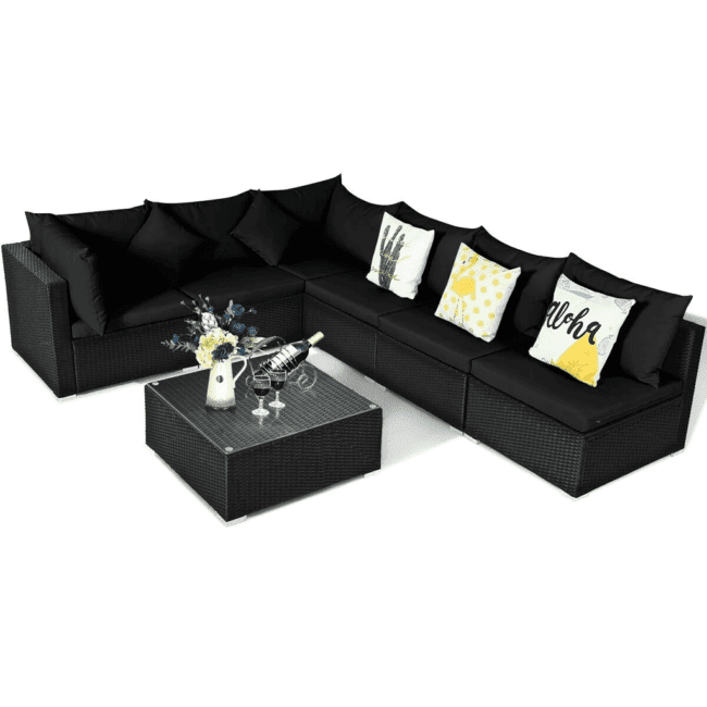 6 Seater Black Wicker Rattan All Weather Furniture with Glass Top Table - Image 7