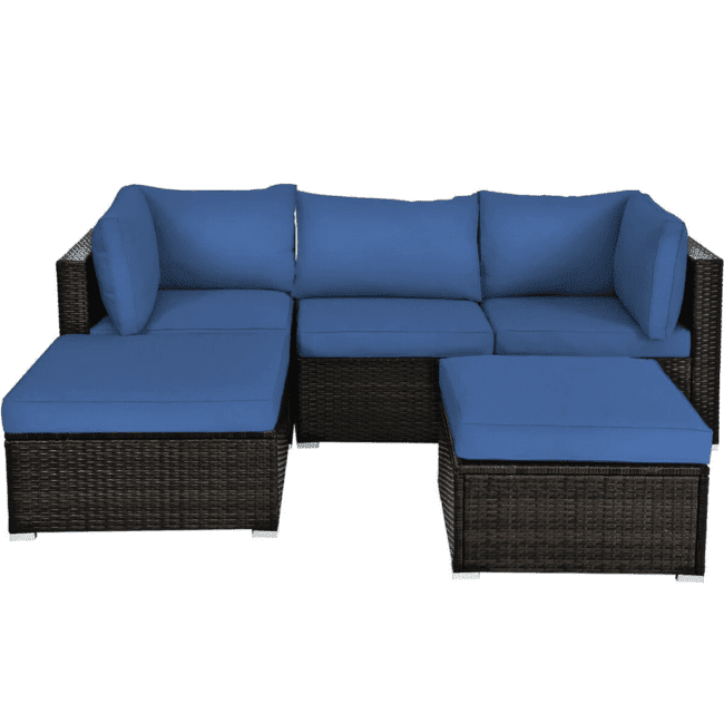 3 Piece HDPE Wicker Rattan Garden Outdoor Sofa Furniture Set with Ottoman (Dark Brown & Blue) - Image 3