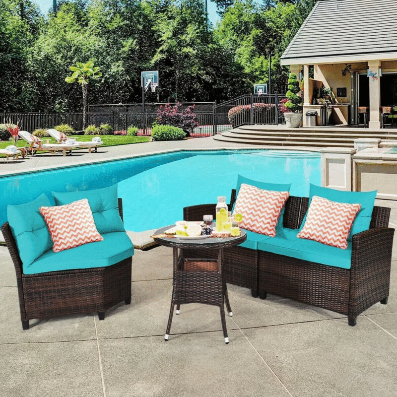 4 Seater Wicker Outdoor Patio Set with Chair Round Glass Top Table(Dark Brown & Sky Blue) - Image 4