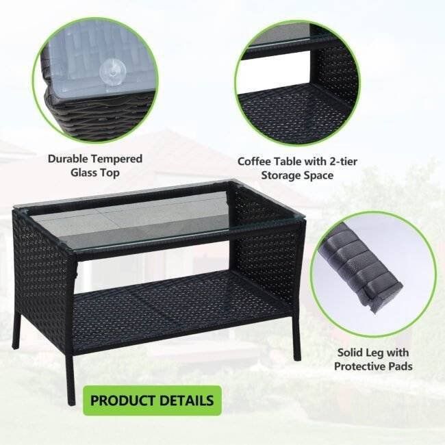 Outdoor 4 Piece All-Weather HDPE Wicker Patio Set with 2-Tier Glass Top Coffee Table (Black & Green) - Image 5