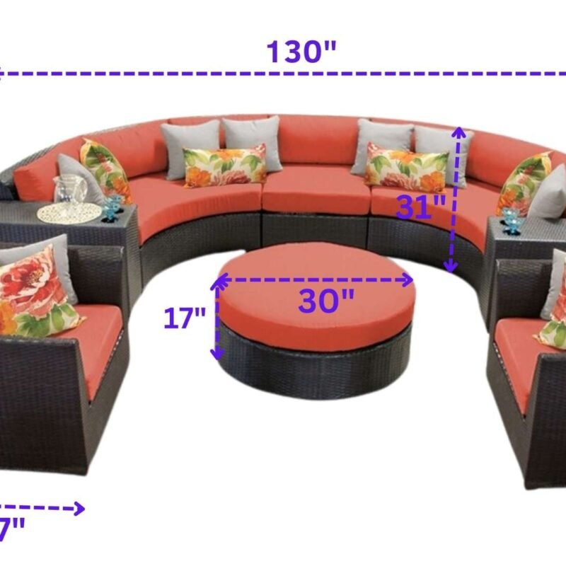 7 Seater Outdoor Indoor Garden Sectional Wicker Half Moon Round Sofa (Dark Brown & Orange) - Image 2