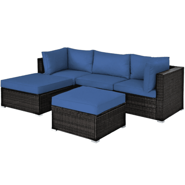 3 Piece HDPE Wicker Rattan Garden Outdoor Sofa Furniture Set with Ottoman (Dark Brown & Blue) - Image 5