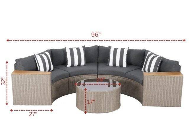 5-Piece Patio Outdoor Half-Moon Wicker Sectional Sofa Set with Wood Top Arm and Round Shape Center Table(Brown & Black) - Image 5