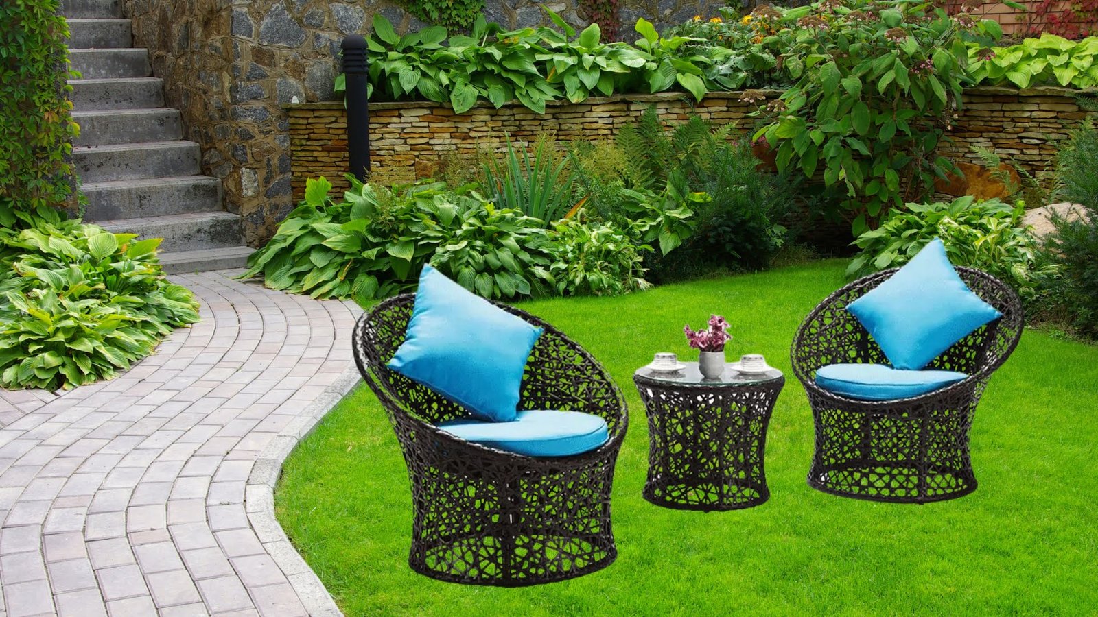 Black & Sky Blue 3-Piece Rattan Patio Set
