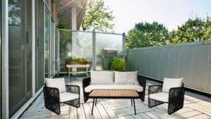 4 Piece Outdoor Rope Sofa Set With Wood Top Table (Black & Grey)
