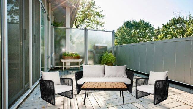 4 Piece Outdoor Rope Sofa Set With Wood Top Table (Black & Grey)