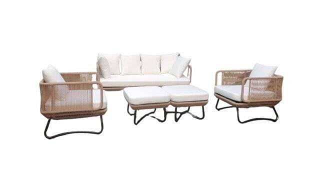 Outdoor 7 Seater Beige Rope Sofa Conversation Set With Ottomans - Image 4
