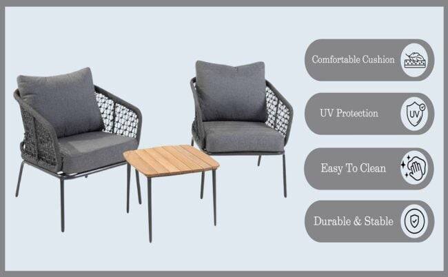 3 Piece Outdoor Rope Chairs with Cushion & Centre Table(Grey) - Image 2