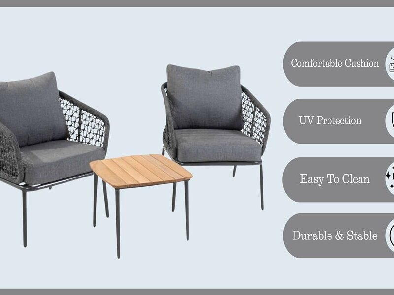 3 Piece Outdoor Rope Chairs with Cushion & Centre Table(Grey) - Image 2