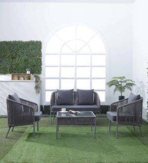 Outdoor 4 Piece Modern Woven Rope Patio Conversation Sets with Tempered Glass Tabletop (Grey)