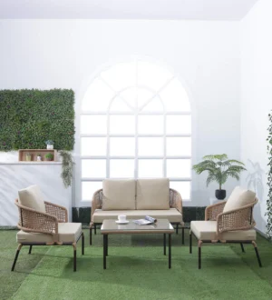 All-Weather Patio Rope Sofa Set with Glass Top Coffee Table (Beige & Cream)